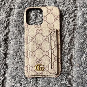 Gucci Beige Monogram Phone Case with Card Pocket and Gold Logo
